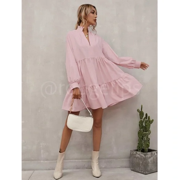 Baby Pink Long Sleeve Loose Fitting Mini Short Dress V-Neck Notch Neck - Picture 3 of 8